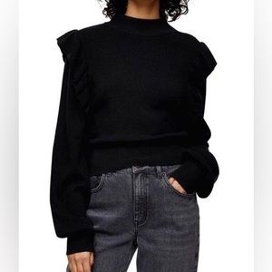 Topshop Black Ruffle Sweater Preppy Goth Mock Neck